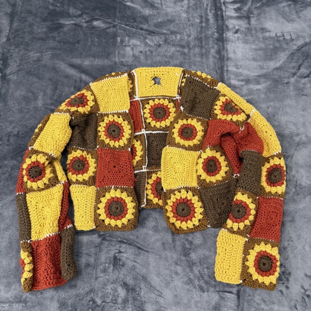 Granny Square Cardigan Sweater Womens Large Crochet Sunflowers Boho 70s